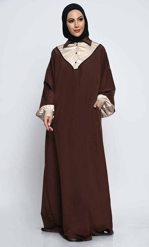 Kashibo Abaya with Batwing Sleeves and Contrast Satin Cuffs - EastEssence.com