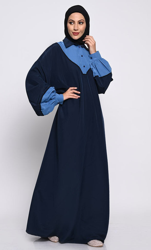 Kashibo Abaya with Batwing Sleeves and Contrast Satin Cuffs - EastEssence.com