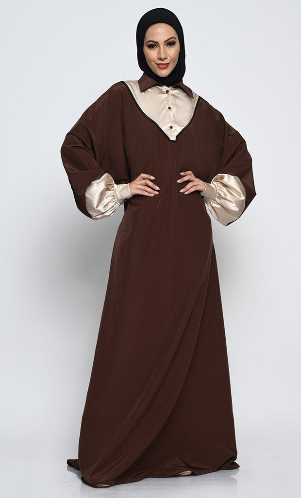 Kashibo Abaya with Batwing Sleeves and Contrast Satin Cuffs - EastEssence.com