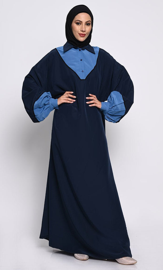 Kashibo Abaya with Batwing Sleeves and Contrast Satin Cuffs - EastEssence.com