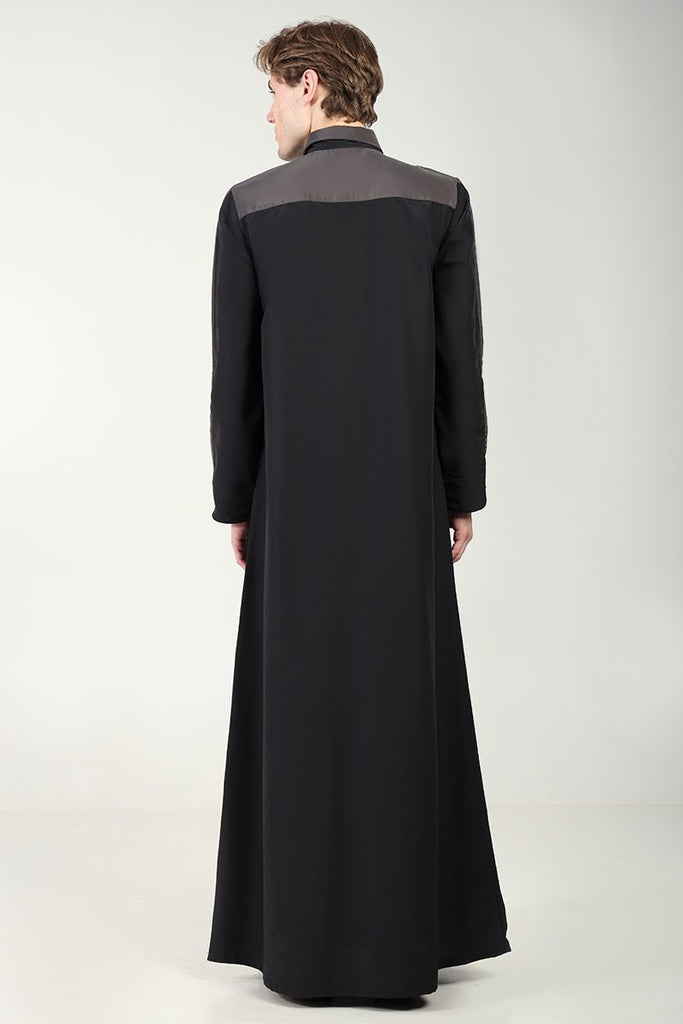 Kashibo Dual - Tone Thobe with Shirt Collar & Contrast Detailing - Black - EastEssence.com