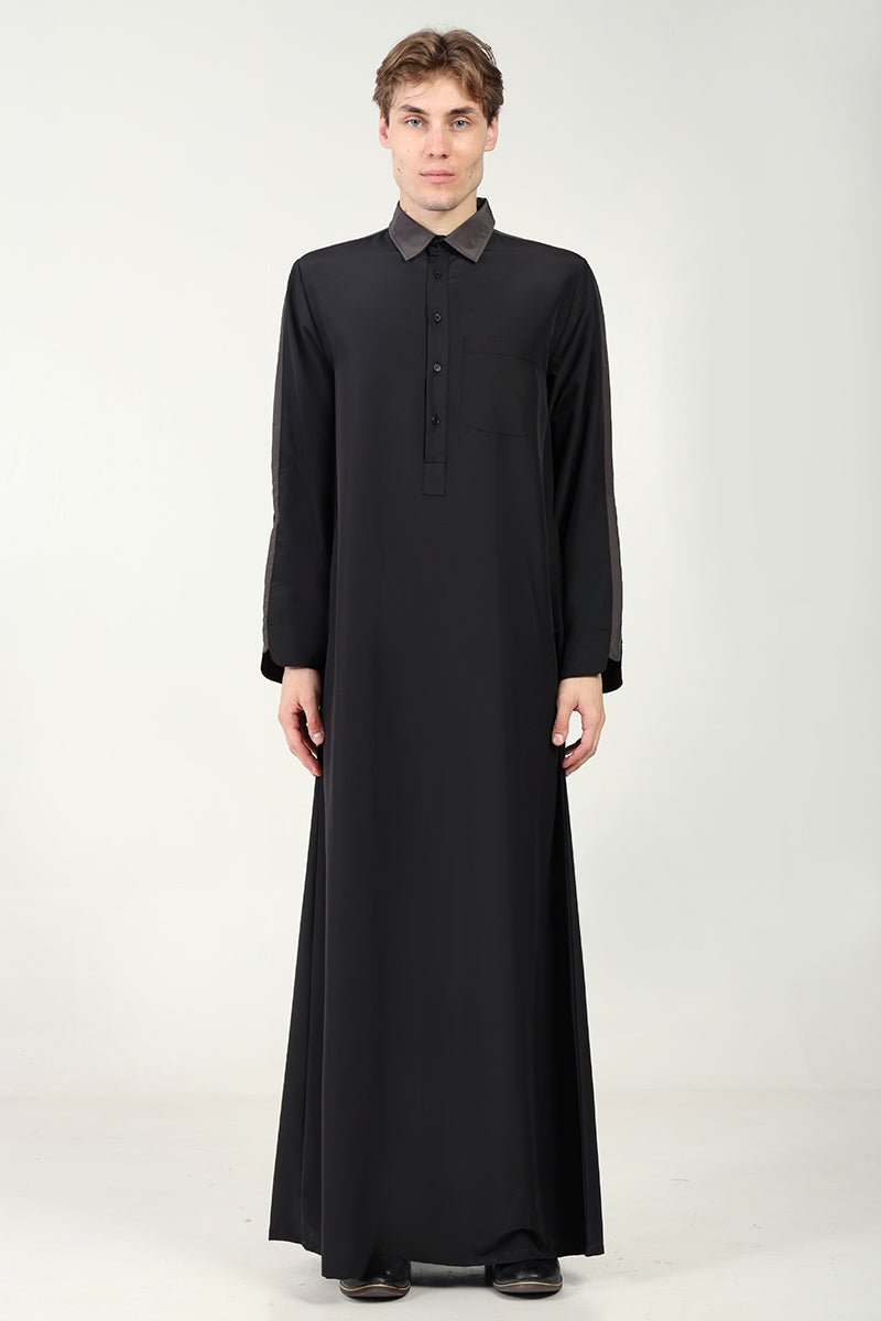 Kashibo Dual-Tone Thobe with Shirt Collar & Contrast Detailing-Black