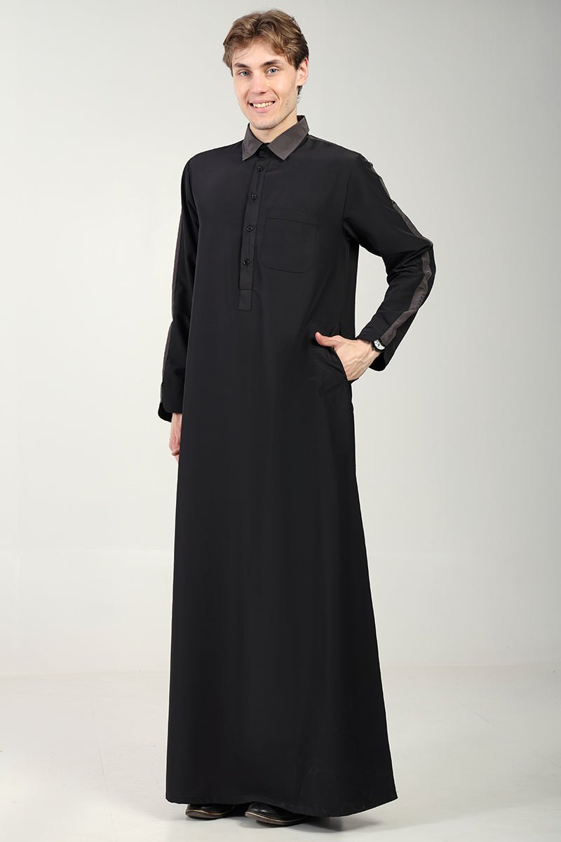 Kashibo Dual-Tone Thobe with Shirt Collar & Contrast Detailing-Black