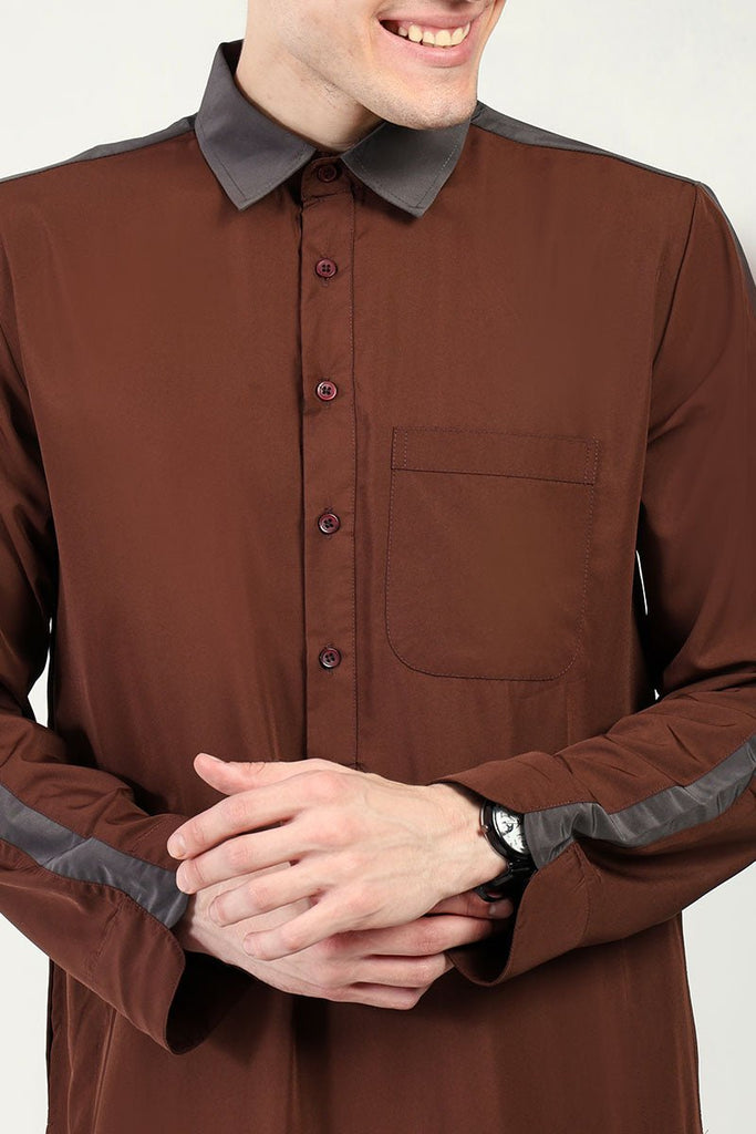 Kashibo Dual - Tone Thobe with Shirt Collar & Contrast Detailing - Brown - EastEssence.com