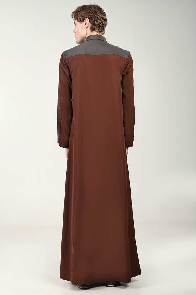 Kashibo Dual - Tone Thobe with Shirt Collar & Contrast Detailing - Brown - EastEssence.com