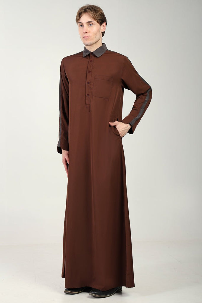 Kashibo Dual - Tone Thobe with Shirt Collar & Contrast Detailing - Brown - EastEssence.com