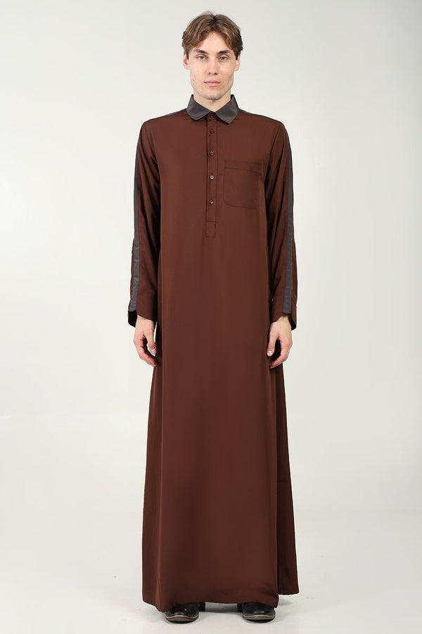 Kashibo Dual - Tone Thobe with Shirt Collar & Contrast Detailing - Brown - EastEssence.com