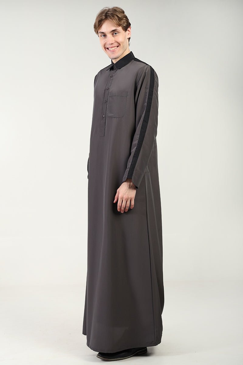 Kashibo Dual - Tone Thobe with Shirt Collar & Contrast Detailing - Dark Grey - EastEssence.com
