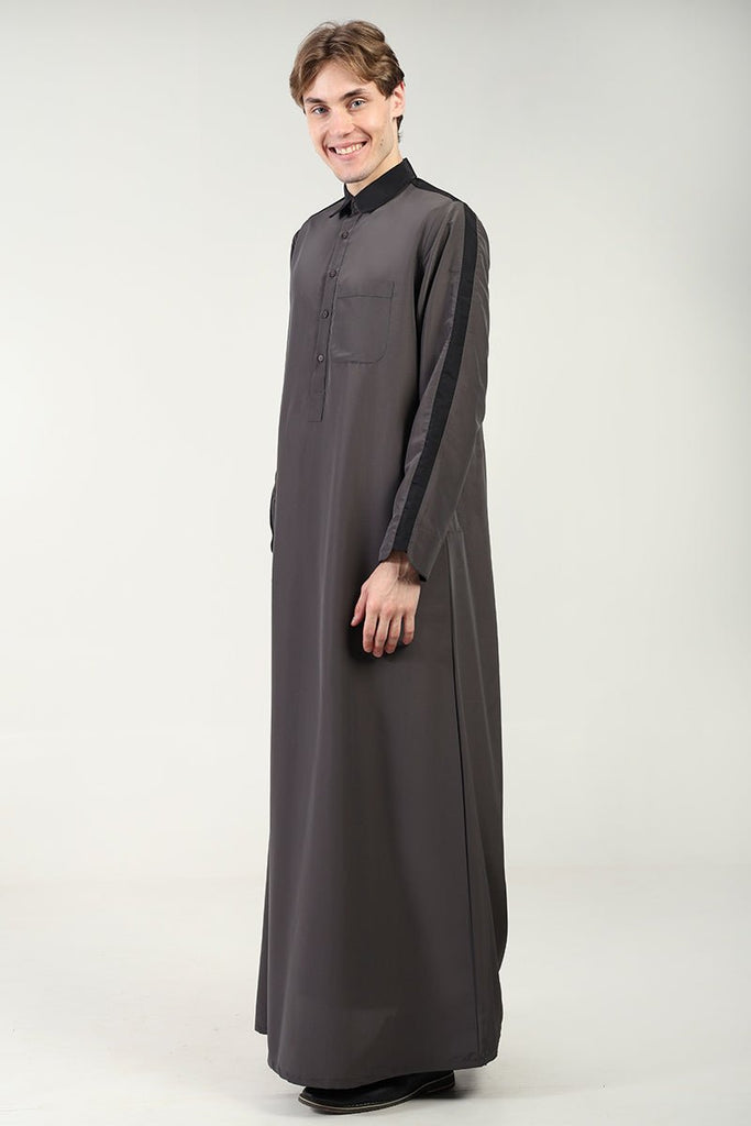 Kashibo Dual - Tone Thobe with Shirt Collar & Contrast Detailing - Dark Grey - EastEssence.com