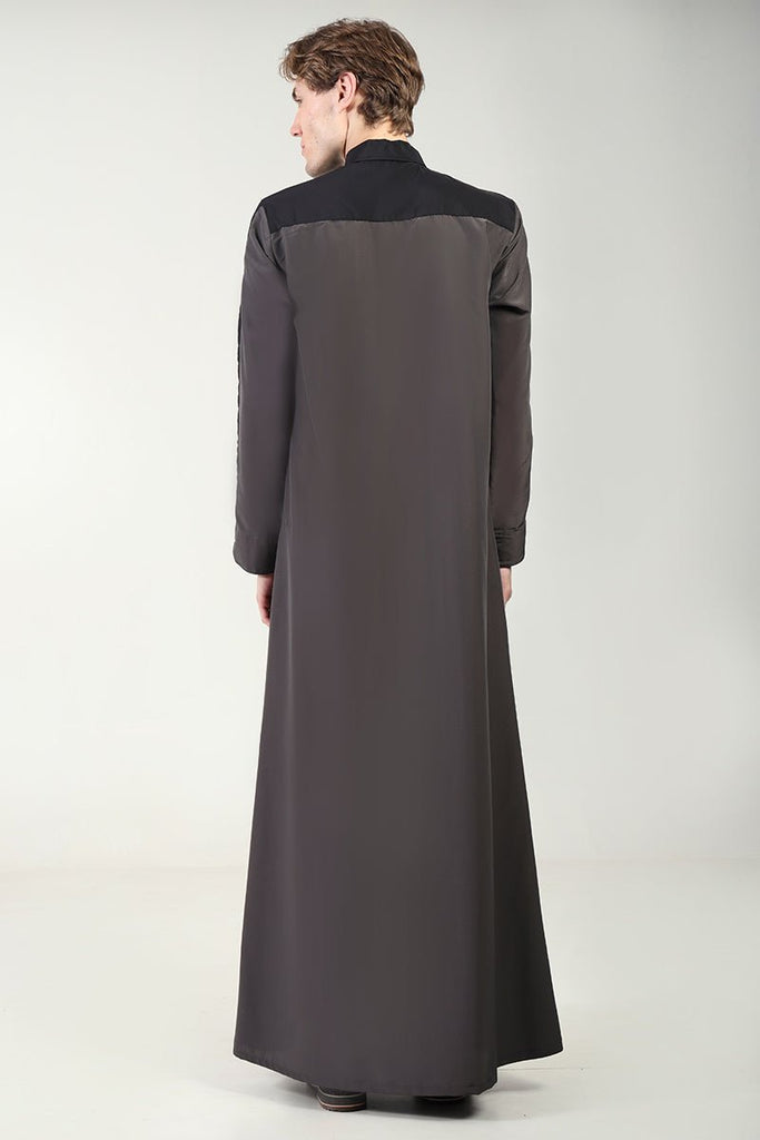 Kashibo Dual - Tone Thobe with Shirt Collar & Contrast Detailing - Dark Grey - EastEssence.com