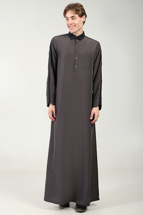 Kashibo Dual - Tone Thobe with Shirt Collar & Contrast Detailing - Dark Grey - EastEssence.com