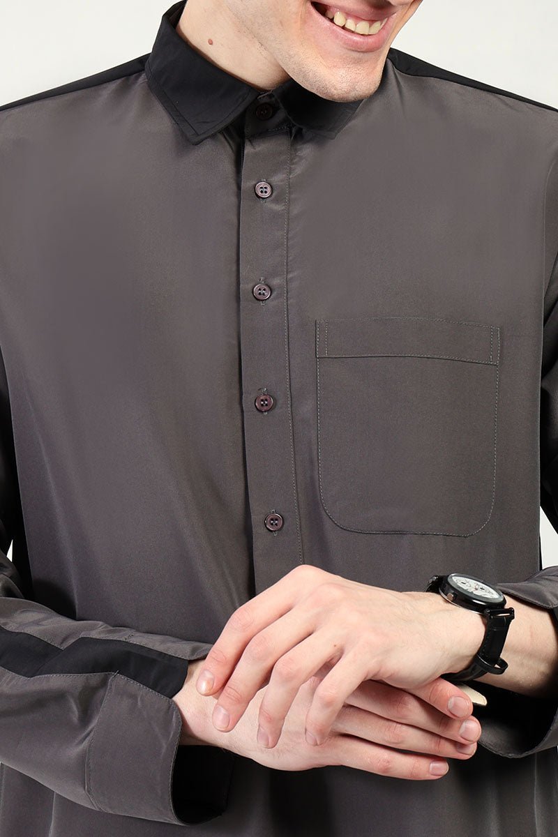 Kashibo Dual - Tone Thobe with Shirt Collar & Contrast Detailing - Dark Grey - EastEssence.com
