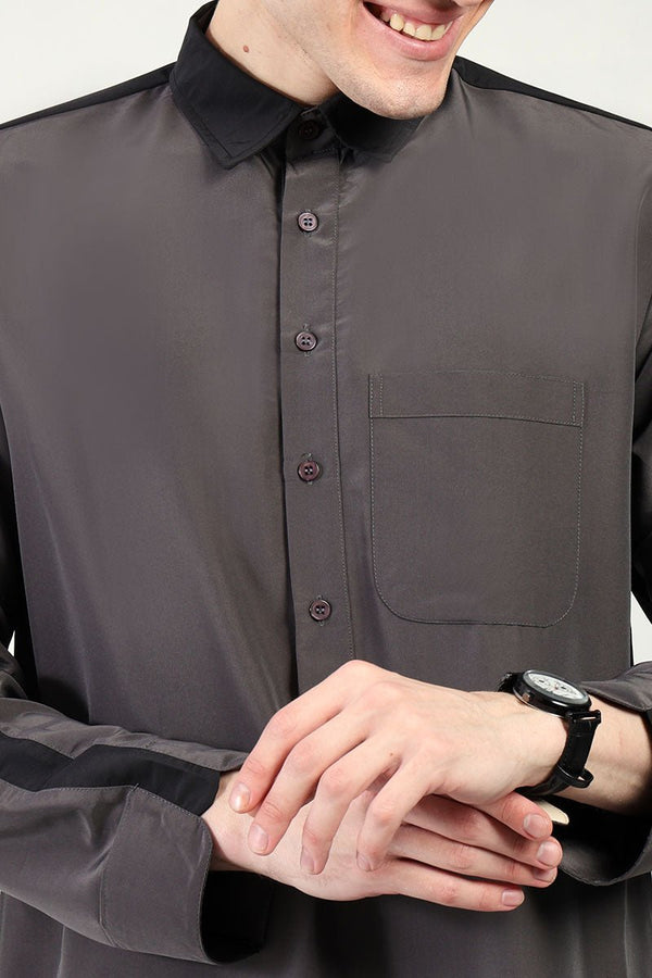 Kashibo Dual - Tone Thobe with Shirt Collar & Contrast Detailing - Dark Grey - EastEssence.com