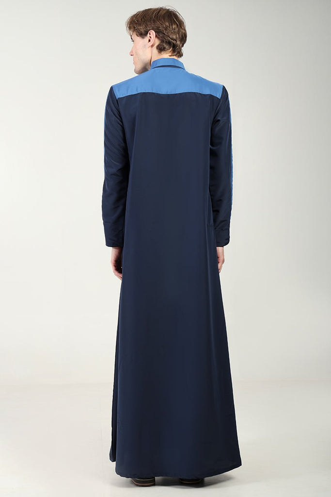 Kashibo Dual - Tone Thobe with Shirt Collar & Contrast Detailing - Navy - EastEssence.com