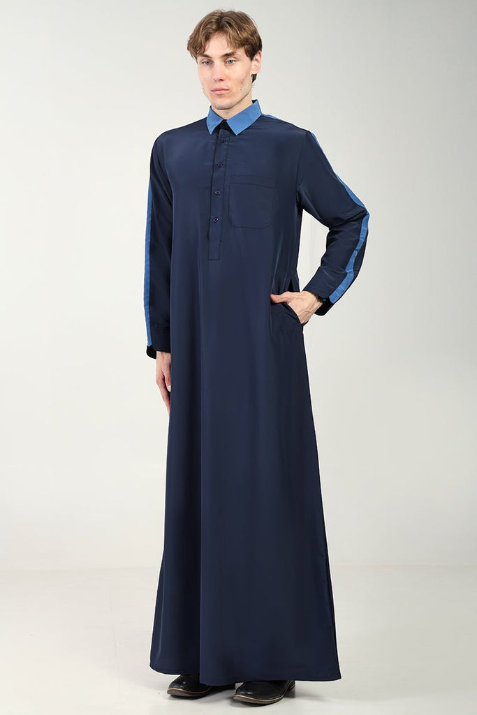 Kashibo Dual - Tone Thobe with Shirt Collar & Contrast Detailing - Navy - EastEssence.com