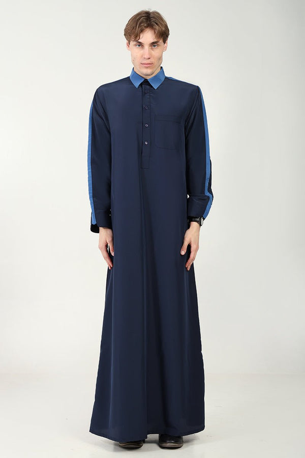 Kashibo Dual - Tone Thobe with Shirt Collar & Contrast Detailing - Navy - EastEssence.com