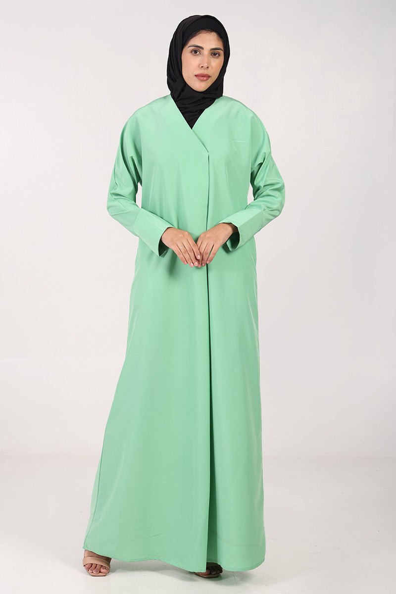 Kashibo Front Wrap Abaya with Overlap Neck – Everyday Modest Wear - Green - EastEssence.com