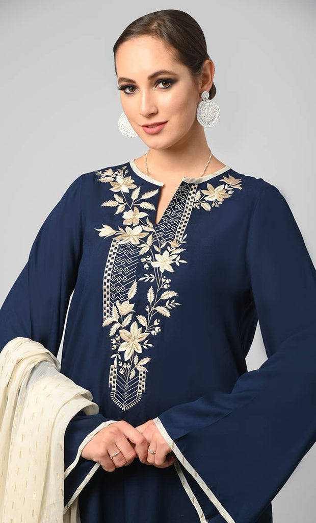 Kashmiri Embroidered Navy Rayon Phiran With Salwar And Dupatta - Included Pockets - Final Sale - EastEssence.com