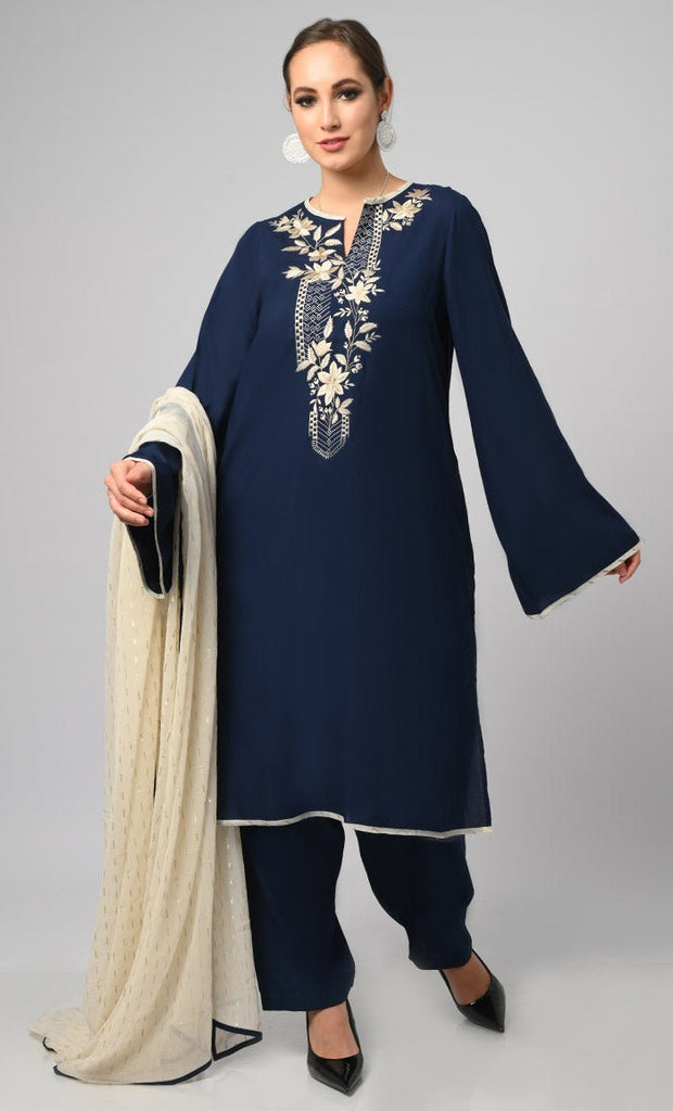 Kashmiri Embroidered Navy Rayon Phiran With Salwar And Dupatta - Included Pockets - Final Sale - EastEssence.com