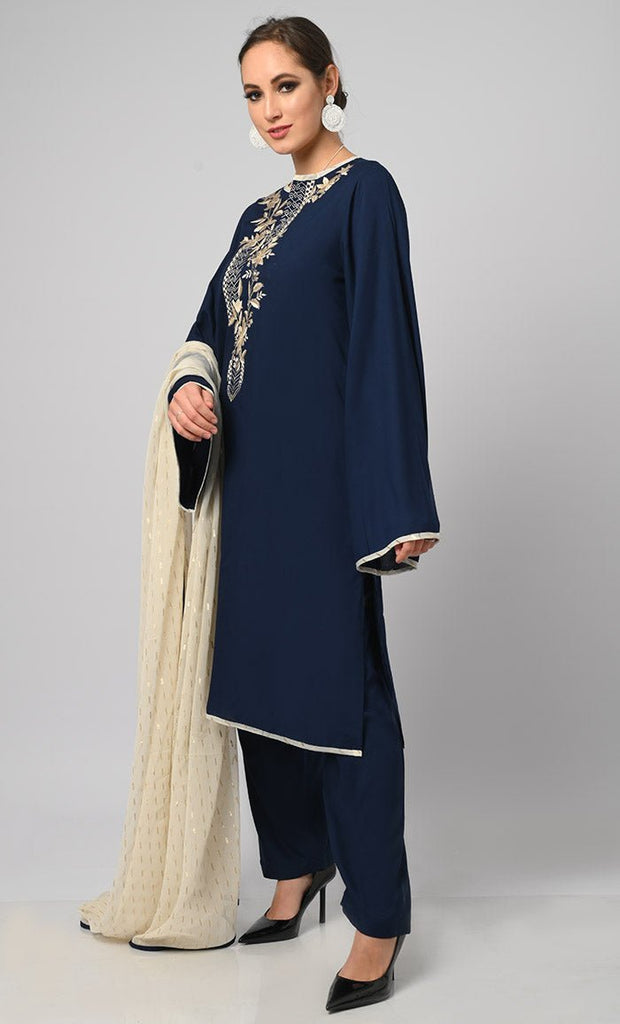 Kashmiri Embroidered Navy Rayon Phiran With Salwar And Dupatta - Included Pockets - Final Sale - EastEssence.com