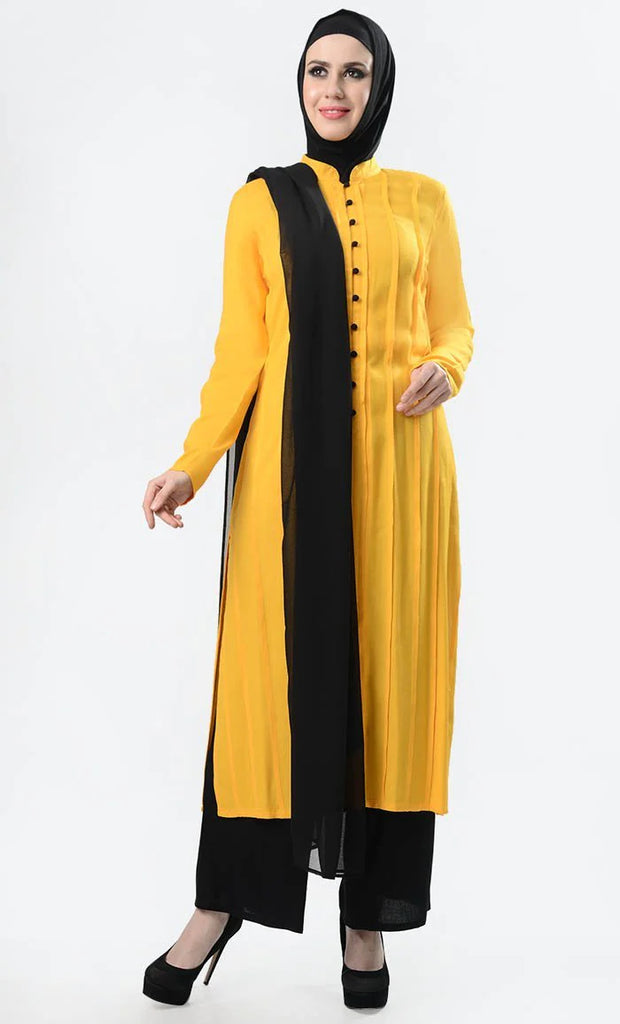 women wearing yellow and black color sherwani style long shirt