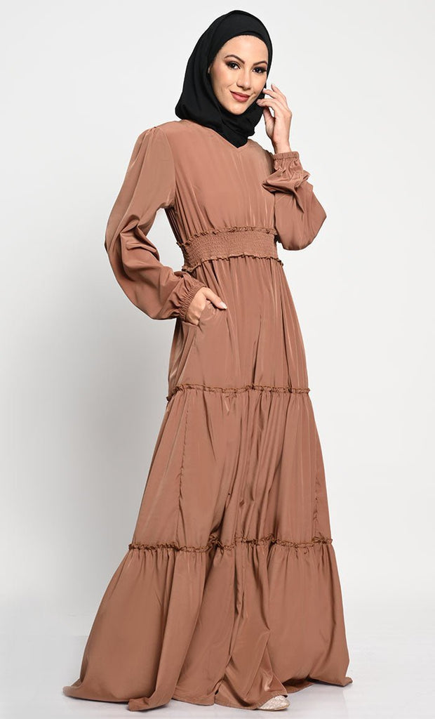 Korean Crepe Layered Abaya with Frill Detailing and Bishop Sleeves - Final Sale - EastEssence.com