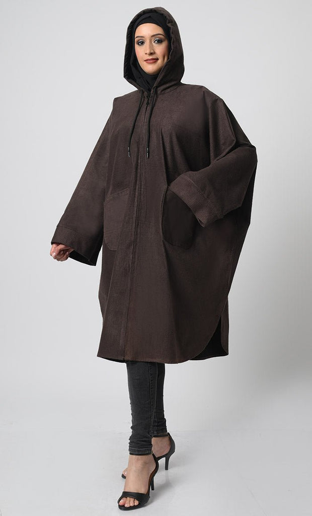 Korean Fleece Hoodie Kaftan – Zipper Front, Side Slits, Dual Pockets - EastEssence.com