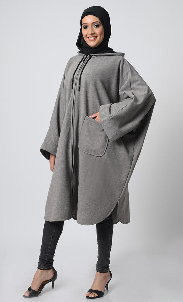 Korean Fleece Zipper Kaftan – Side Slits, U - Shaped Bottom, Dual Pockets - EastEssence.com