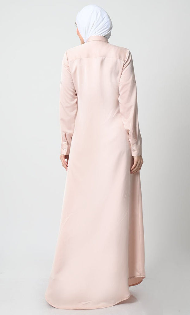 Korean Moss Button - Down Abaya with Flap Pockets - EastEssence.com