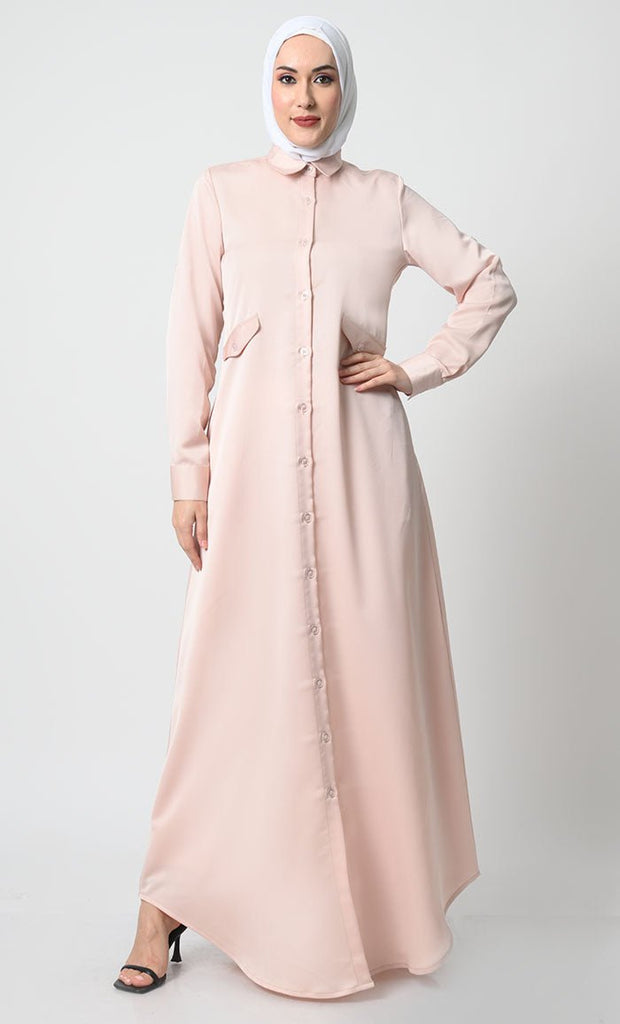 Korean Moss Button - Down Abaya with Flap Pockets - EastEssence.com