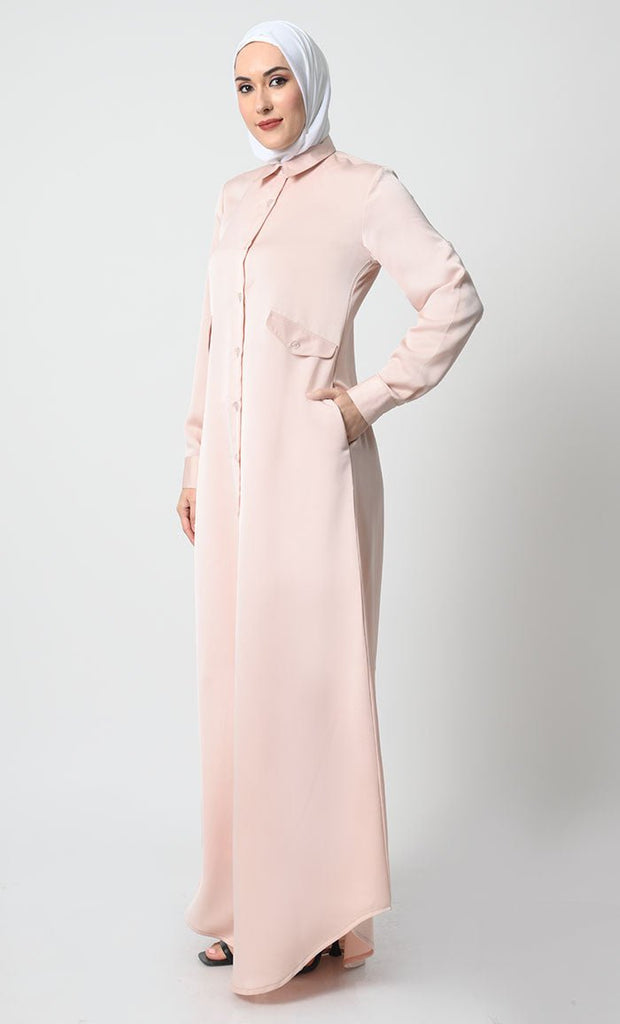 Korean Moss Button - Down Abaya with Flap Pockets - EastEssence.com