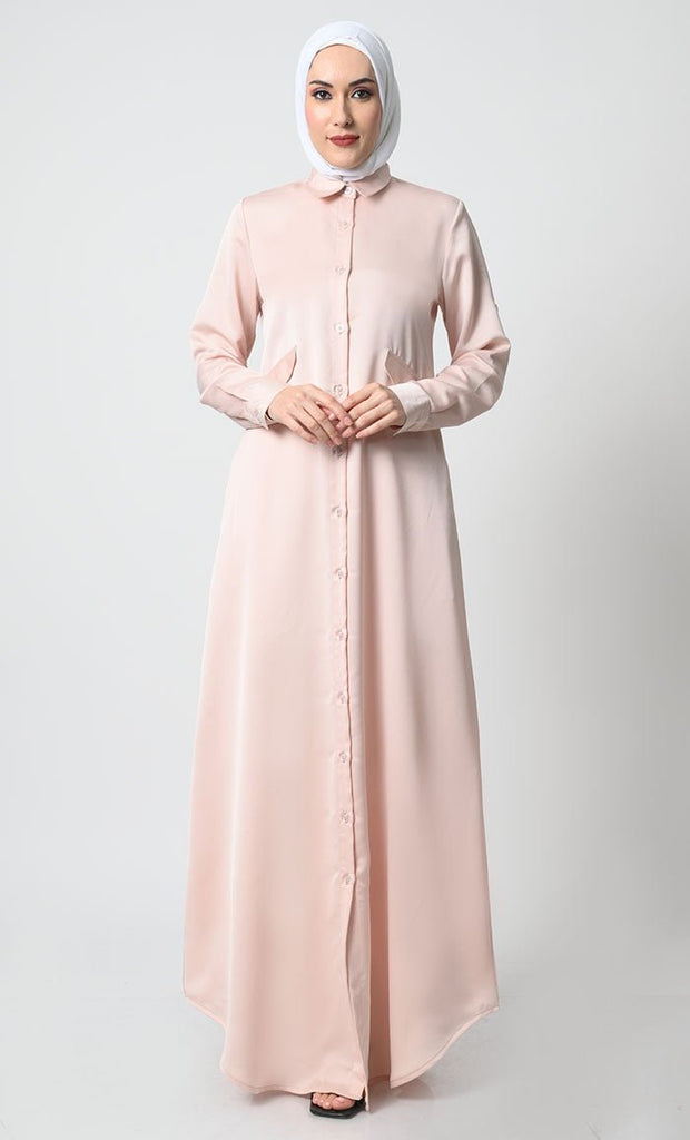 Korean Moss Button - Down Abaya with Flap Pockets - EastEssence.com