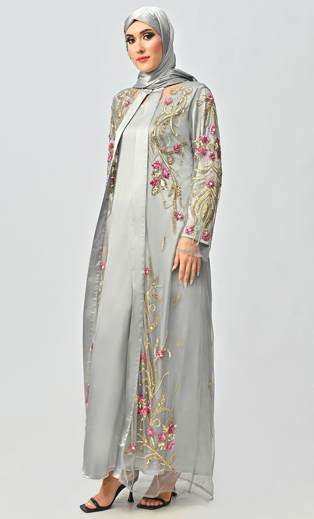 Korean Silver Jewelled All Over Hand Embellished Royal Abaya Dress With Matching Hijab - Final Sale - EastEssence.com