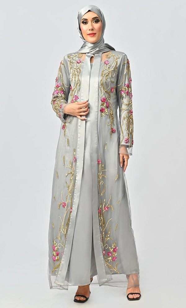 Korean Silver Jewelled All Over Hand Embellished Royal Abaya Dress With Matching Hijab - Final Sale - EastEssence.com