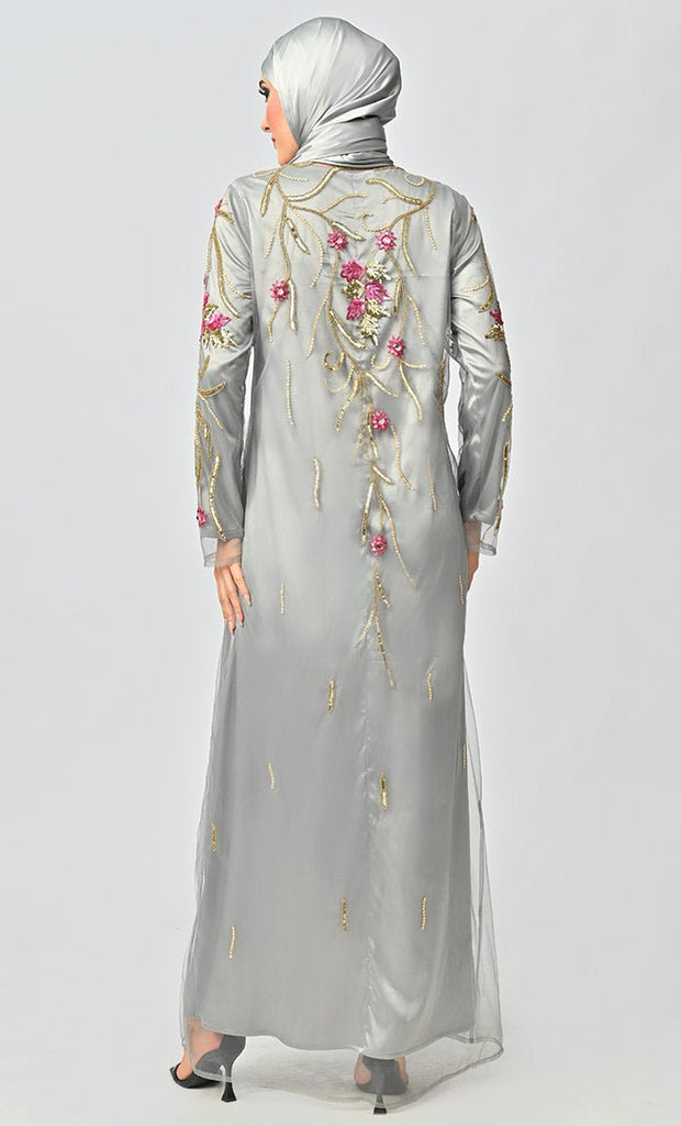 Korean Silver Jewelled All Over Hand Embellished Royal Abaya Dress With Matching Hijab - Final Sale - EastEssence.com