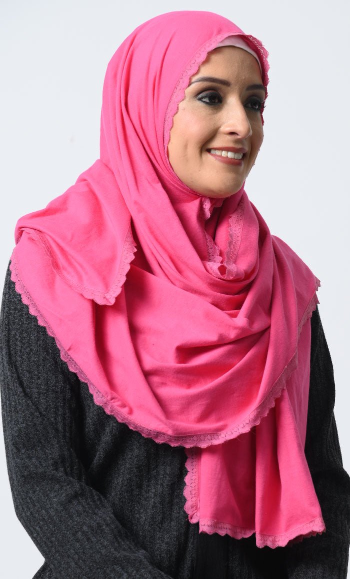 Lace - Trimmed Cotton Jersey Hijab ·Soft & Stylish, 70x22 Inches - EastEssence.com