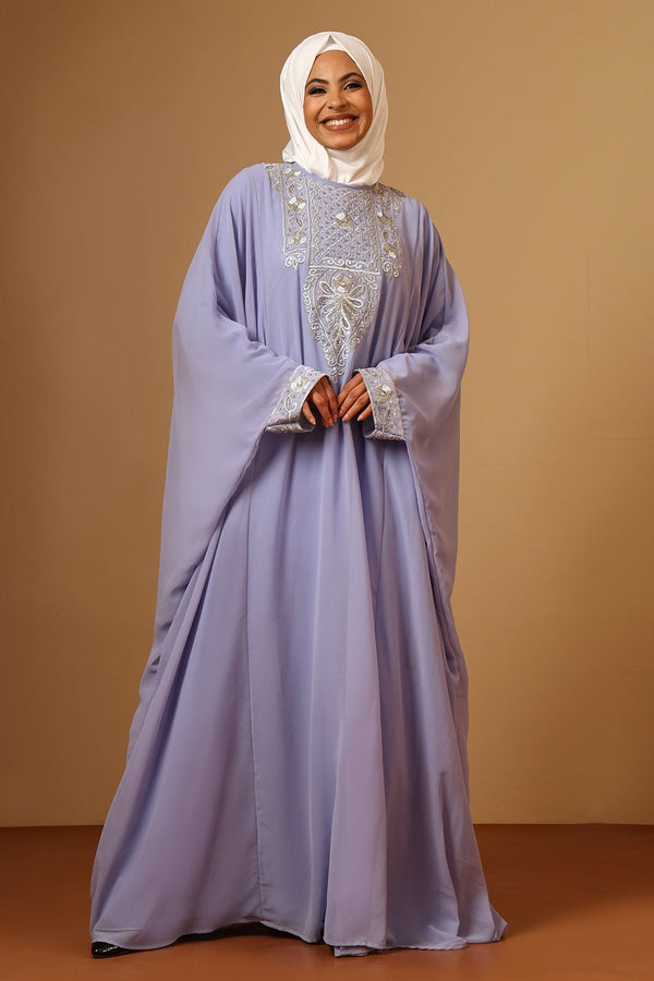 Lavender Fine Georgette Kaftan Abaya with Intricate Silver Zari Embroidery - EastEssence.com