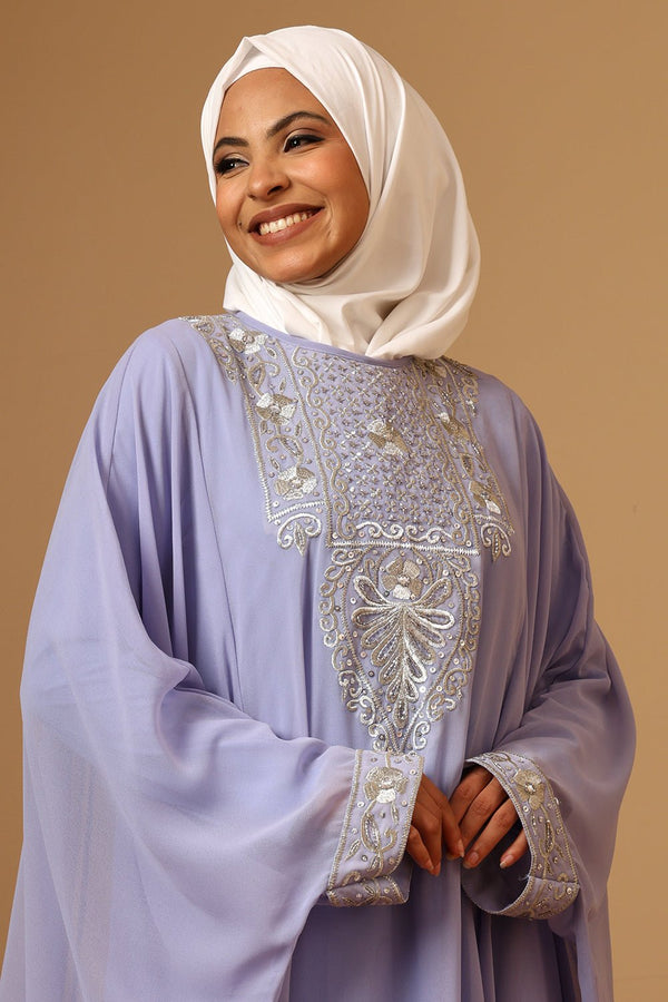Lavender Fine Georgette Kaftan Abaya with Intricate Silver Zari Embroidery - EastEssence.com