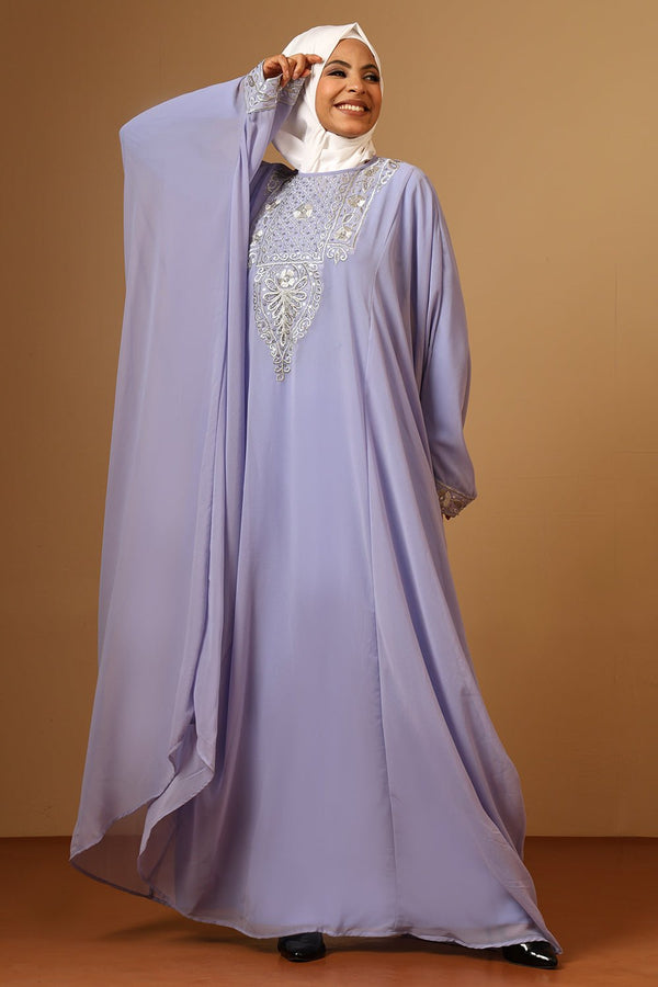 Lavender Fine Georgette Kaftan Abaya with Intricate Silver Zari Embroidery - EastEssence.com