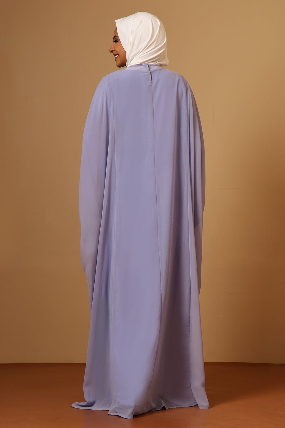 Lavender Fine Georgette Kaftan Abaya with Intricate Silver Zari Embroidery - EastEssence.com