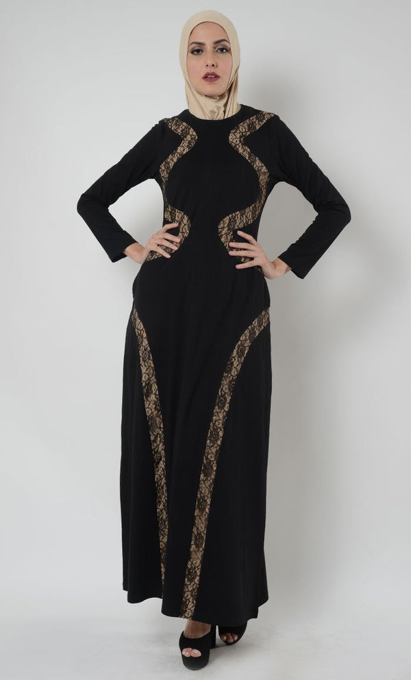 Layeena Lace Trim Cotton Jersey Abaya Dress - Final Sale - EastEssence.com