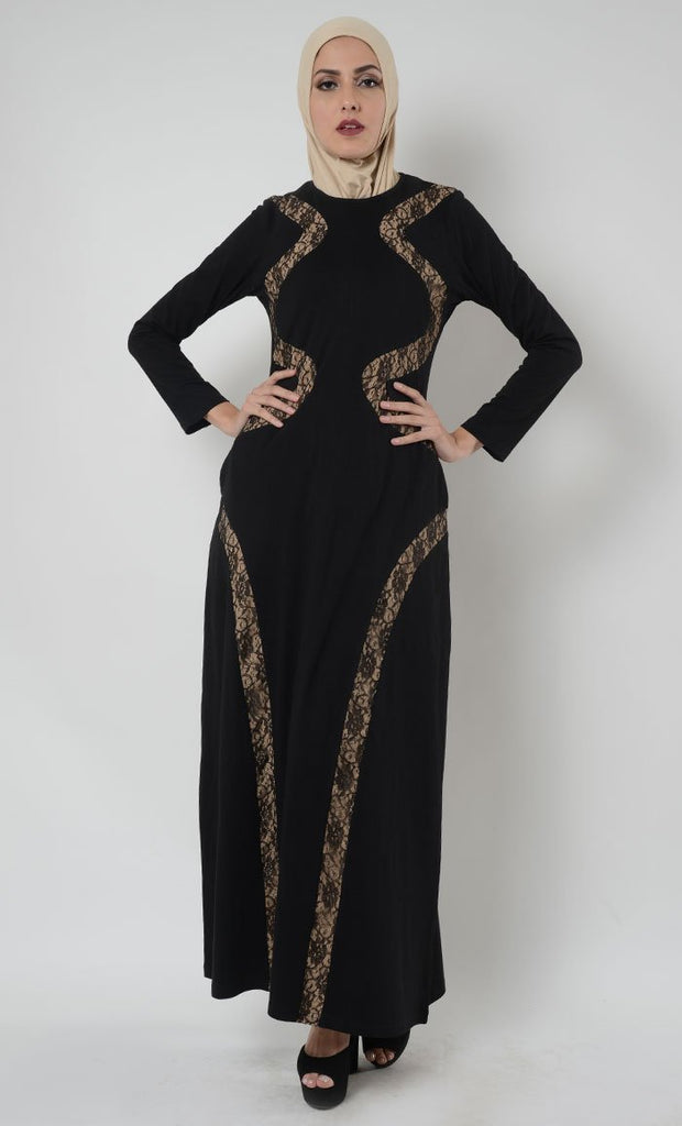 Layeena Lace Trim Cotton Jersey Abaya Dress - Final Sale - EastEssence.com