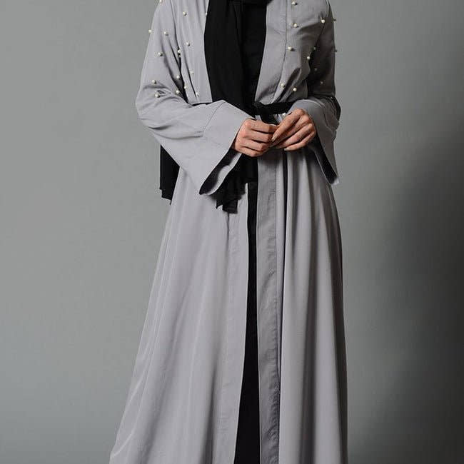 Light Grey Fancy Pearl Detail Bisht with Fabric Tie - EastEssence.com