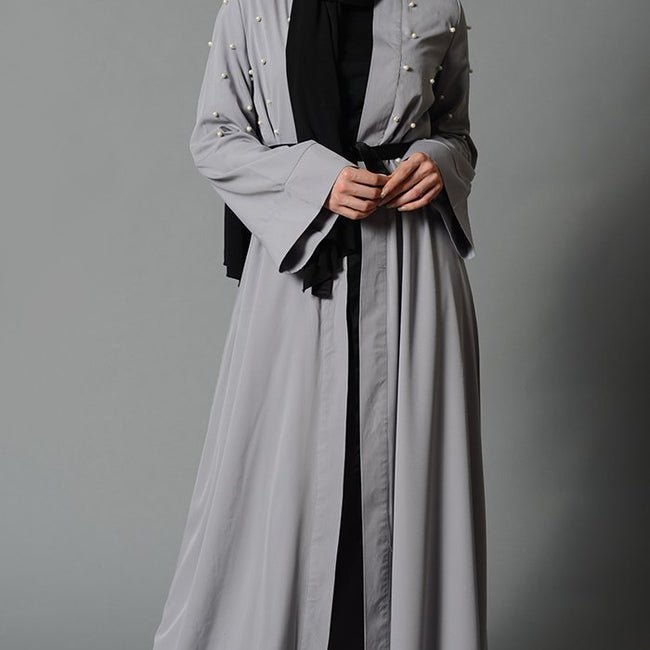 Light Grey Fancy Pearl Detail Bisht with Fabric Tie