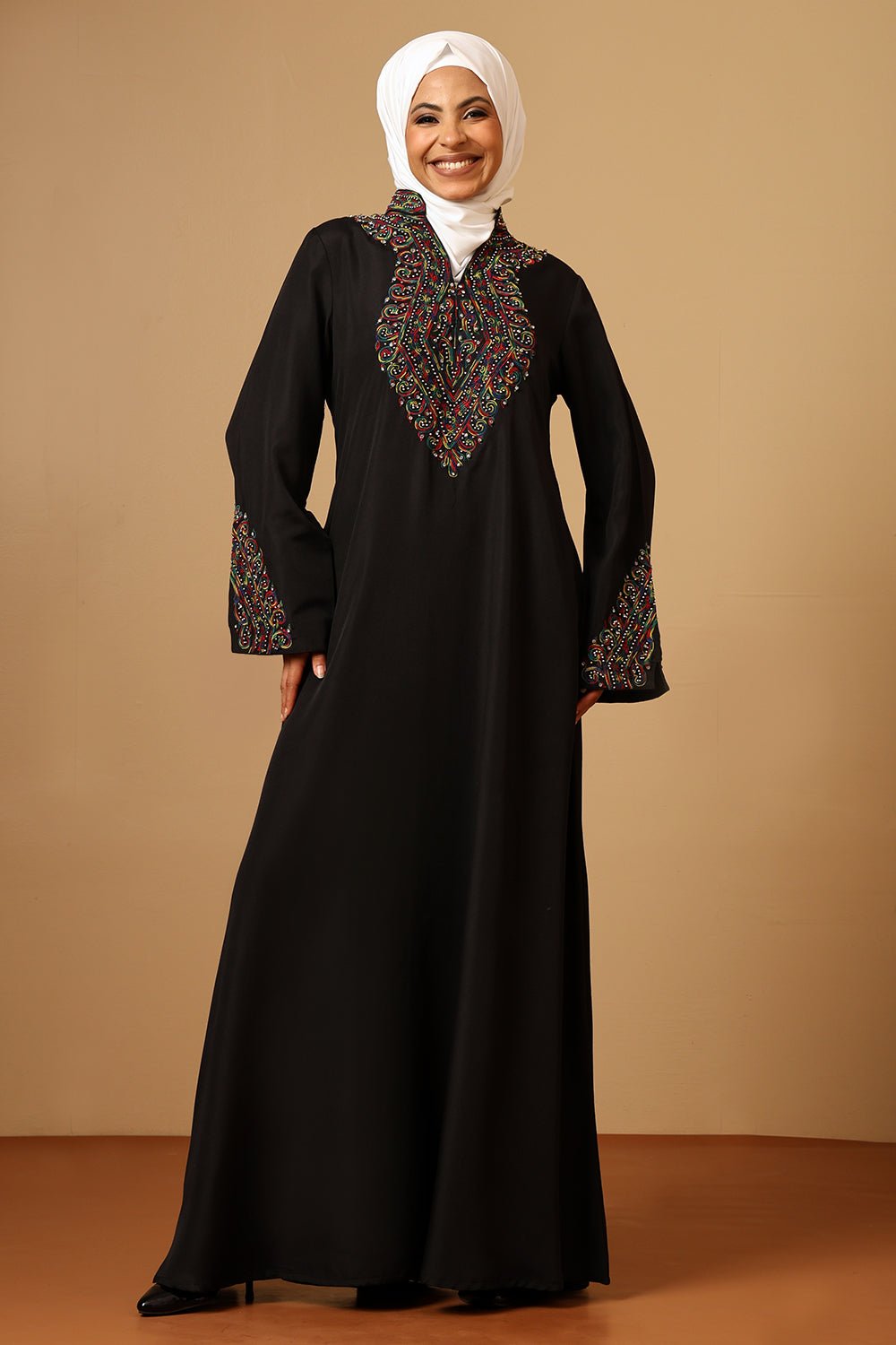 Linen V - Neck Beaded Embroidered A - Line Abaya with Bell Sleeves - EastEssence.com