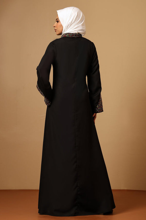 Linen V - Neck Beaded Embroidered A - Line Abaya with Bell Sleeves - EastEssence.com
