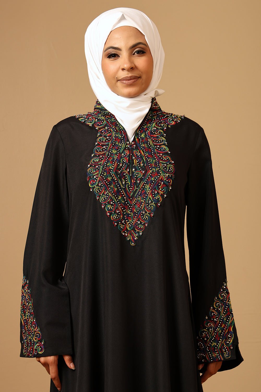 Linen V - Neck Beaded Embroidered A - Line Abaya with Bell Sleeves - EastEssence.com