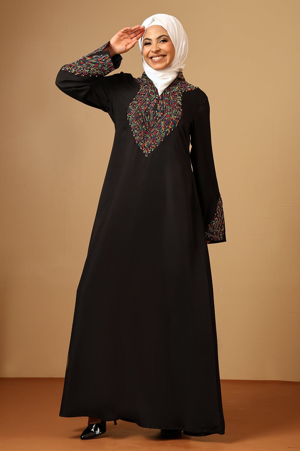 Linen V - Neck Beaded Embroidered A - Line Abaya with Bell Sleeves - EastEssence.com