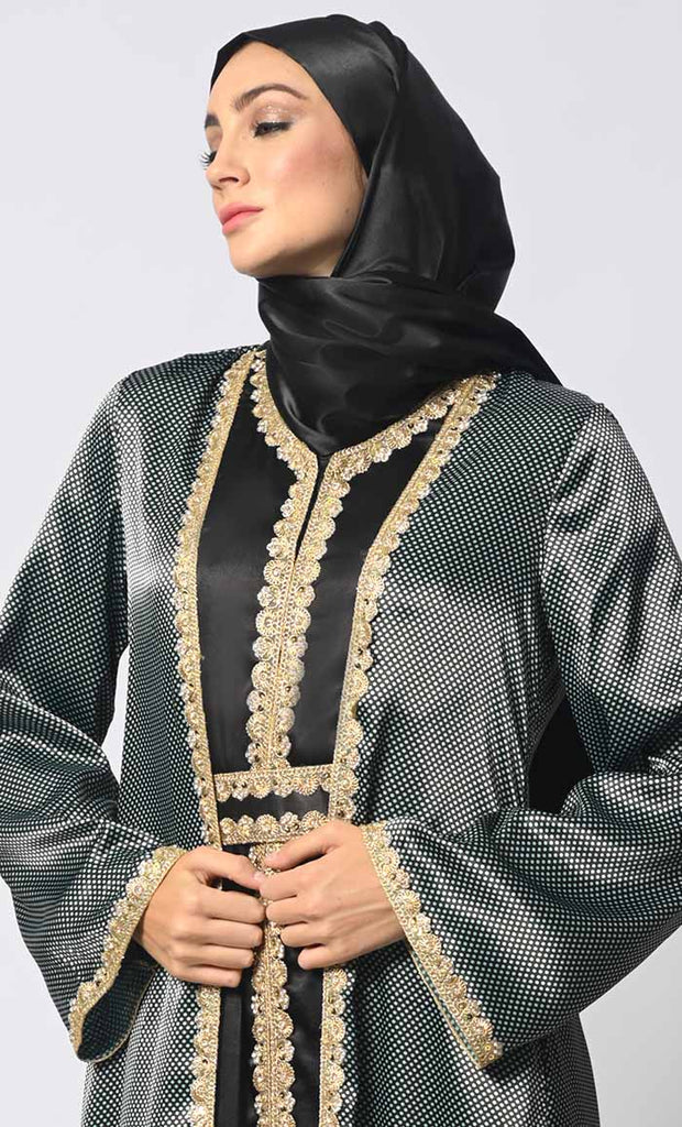 Luxurious Layers: Mosaic Print Satin Shrug with Lining and Belt - Final Sale - EastEssence.com