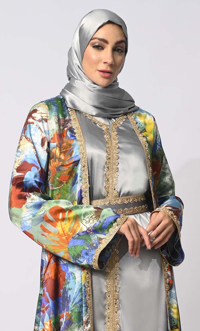 Luxurious Layers: Women's Printed Satin Shrug with Lining and Belt - EastEssence.com